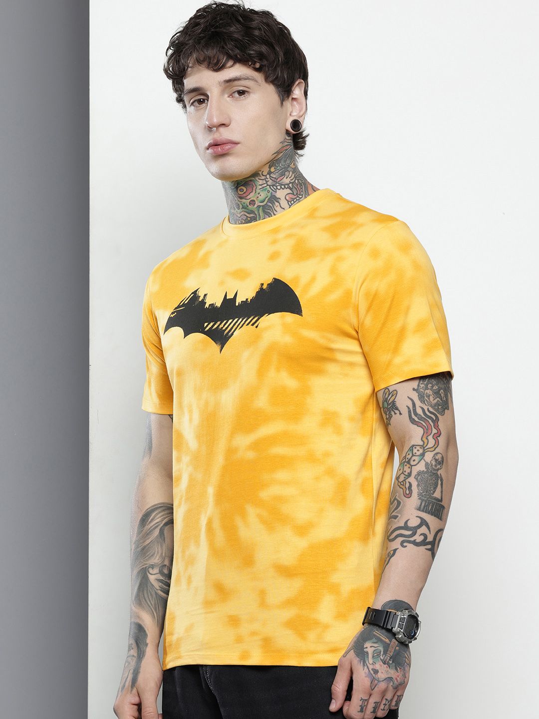 The Indian Garage Co. Slim Fit Batman Printed Dyed Effect Pure Cotton T-shirt