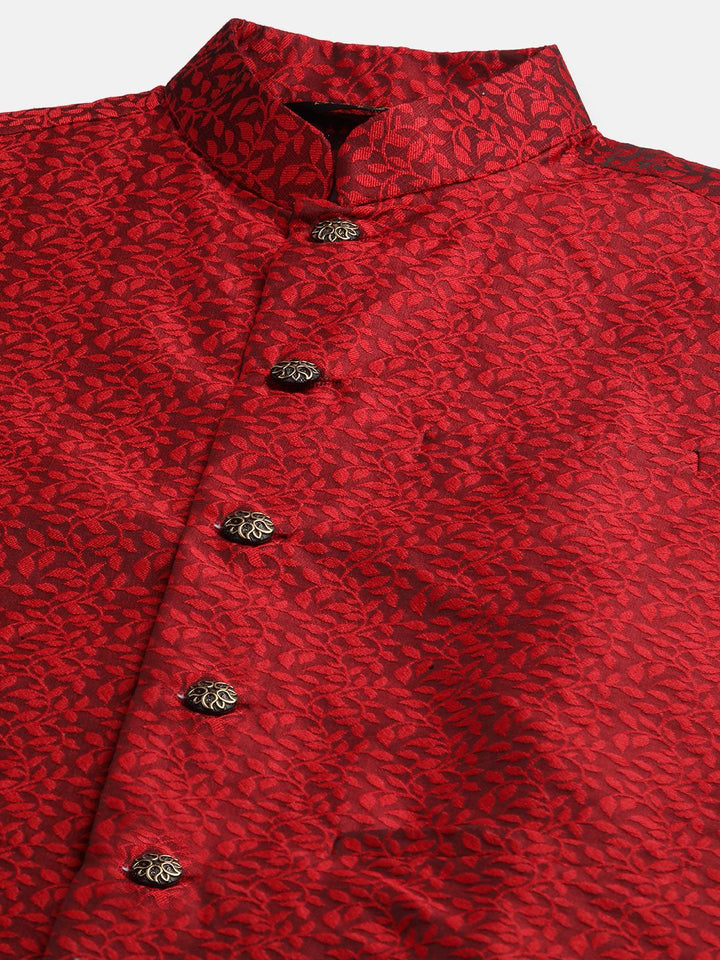 SOJANYA Men Green & Red Ethnic Motifs Woven Design Kurta with Churidar & Nehru Jacket