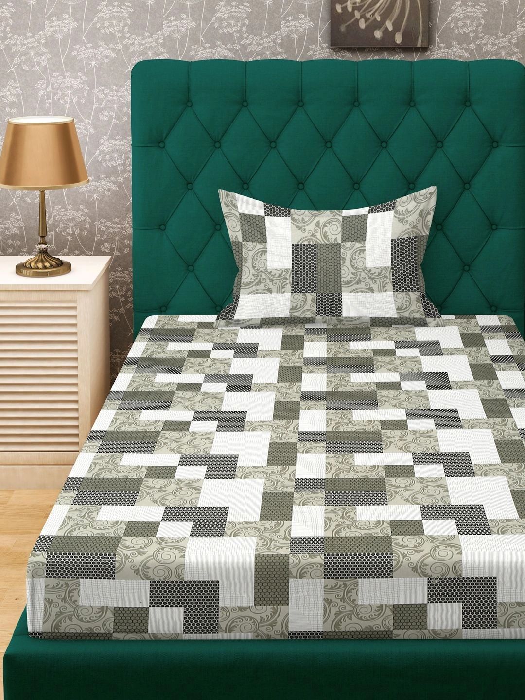 Myntra Elegant Homes Hijau Zaitun & Putih Geometrik 400 TC Cadar Tempat Tidur Single dengan 1 Sarung Bantal