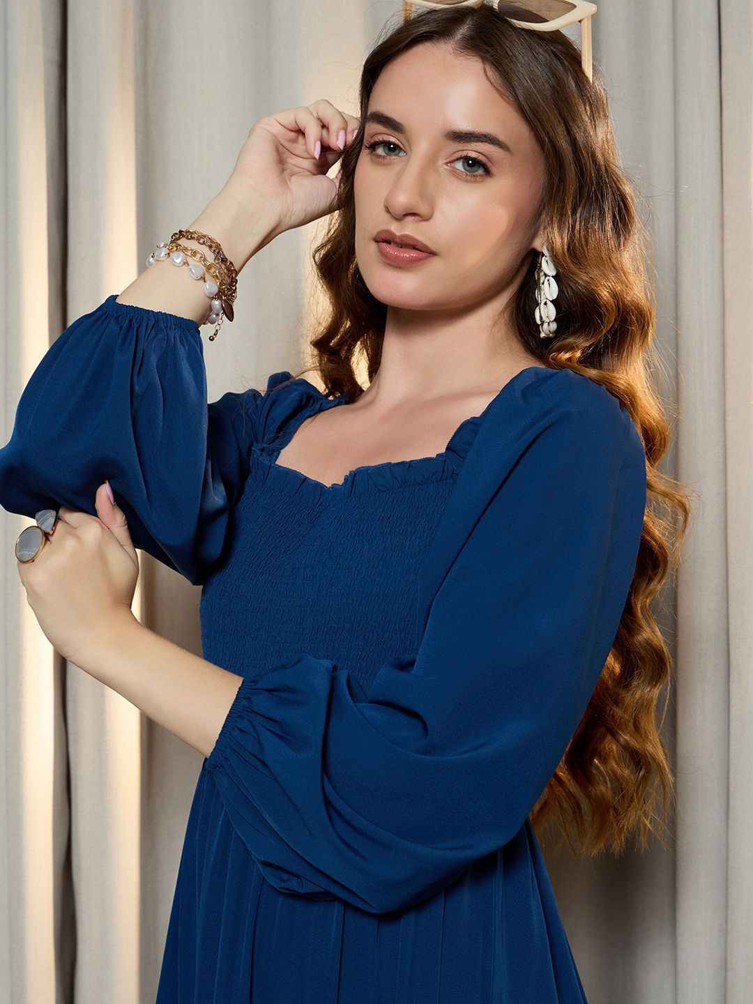 Berrylush Women Tiered Smocked Details Puff Sleeve A-Line Maxi Dress