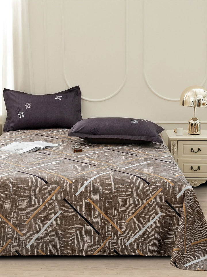 Story@home Coffee Brown Abstract Printed 240 TC Satin Finish Queen Bedsheet Set