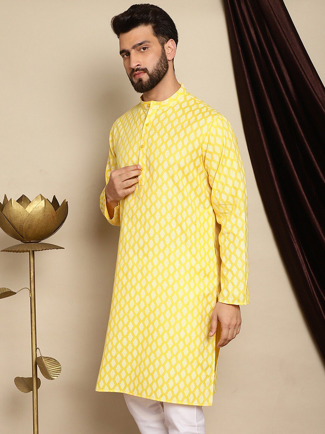 Anouk Yellow Ethnic Motifs Printed Band Collar Kurta