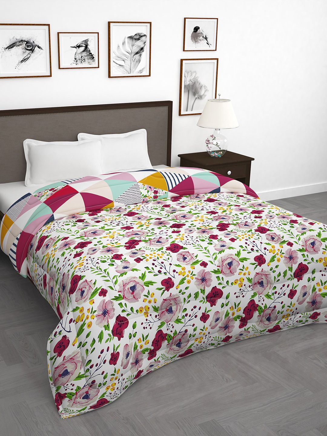 Story@home Pink & White Floral 180 GSM AC Room Reversible Double Bed Comforter