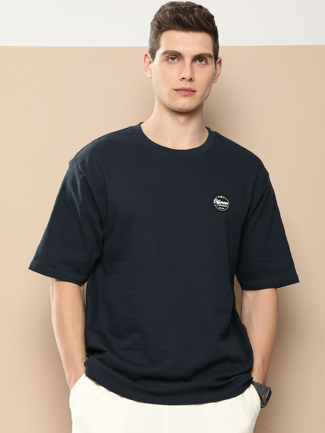 Difference of Opinion Men Navy Blue Pure Cotton Drop-Shoulder Oversized Fit T-shirt