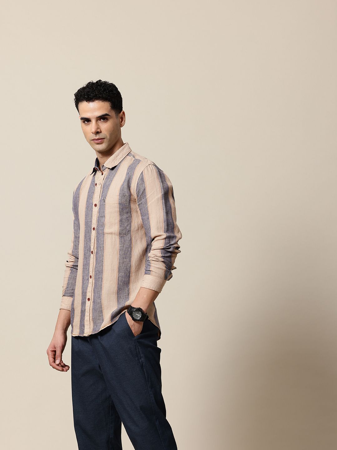Mr Bowerbird Striped Tailored Fit Opaque Linen Casual Shirt