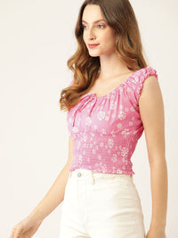 DressBerry Pink & White Floral Print Smocked Empire Crop Top
