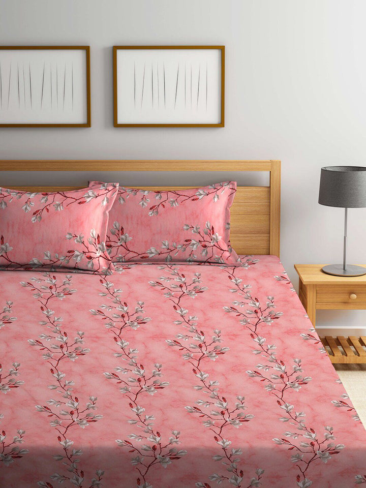 KLOTTHE Pink Floral Pure Cotton 400 TC Fitted King Superfine Bedsheet dengan 2 Sarung Bantal-98 x 89 inci