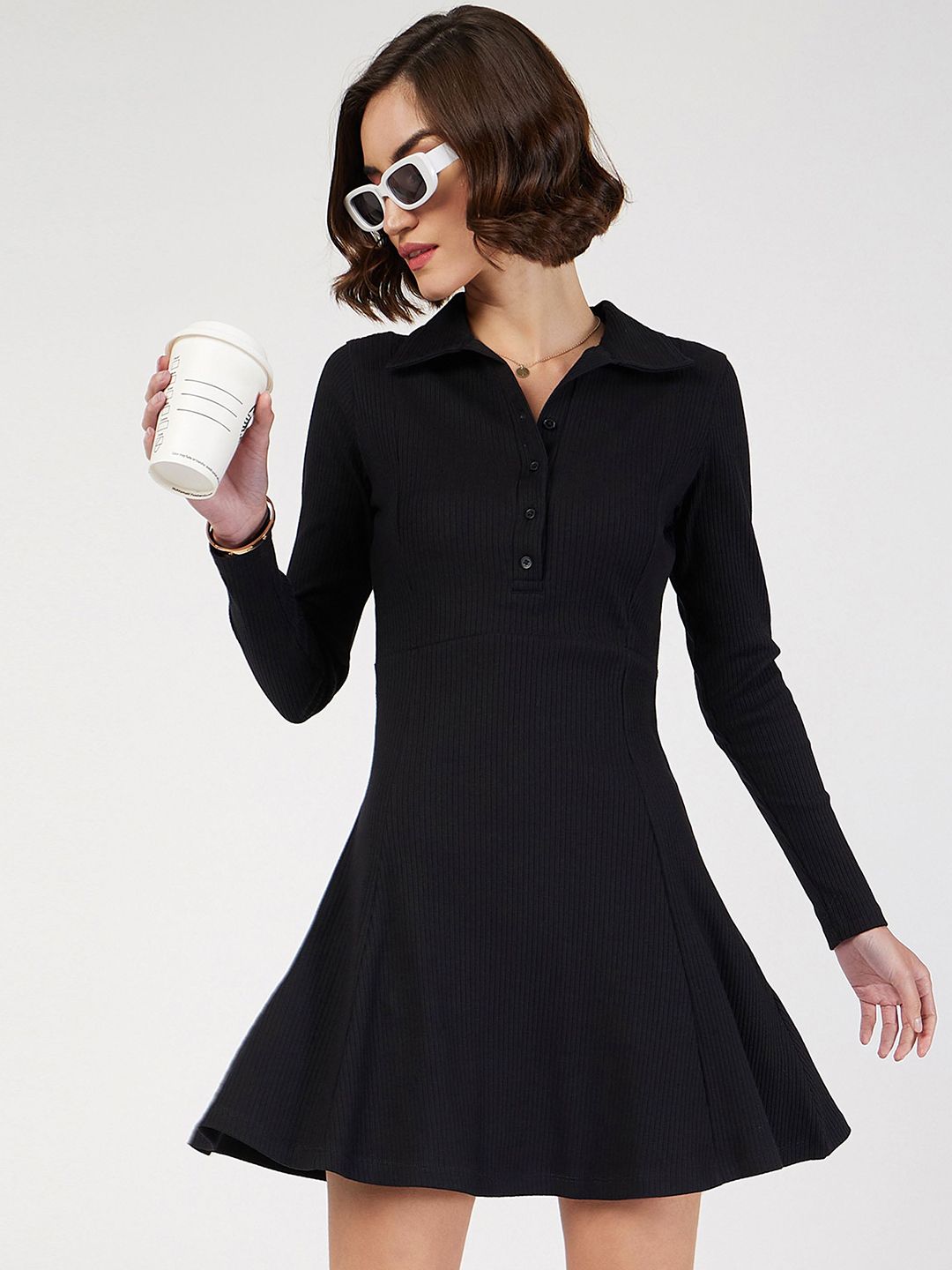 SASSAFRAS Shirt Collar A-Line Mini Dress