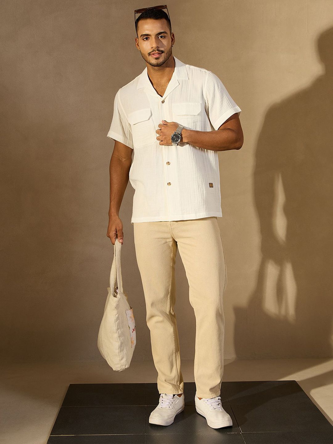 DENNISON Men Self Design Cuban Collar Smart Casual Shirt