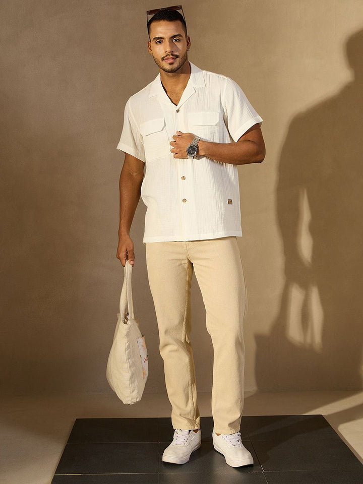 DENNISON Men Self Design Cuban Collar Smart Casual Shirt