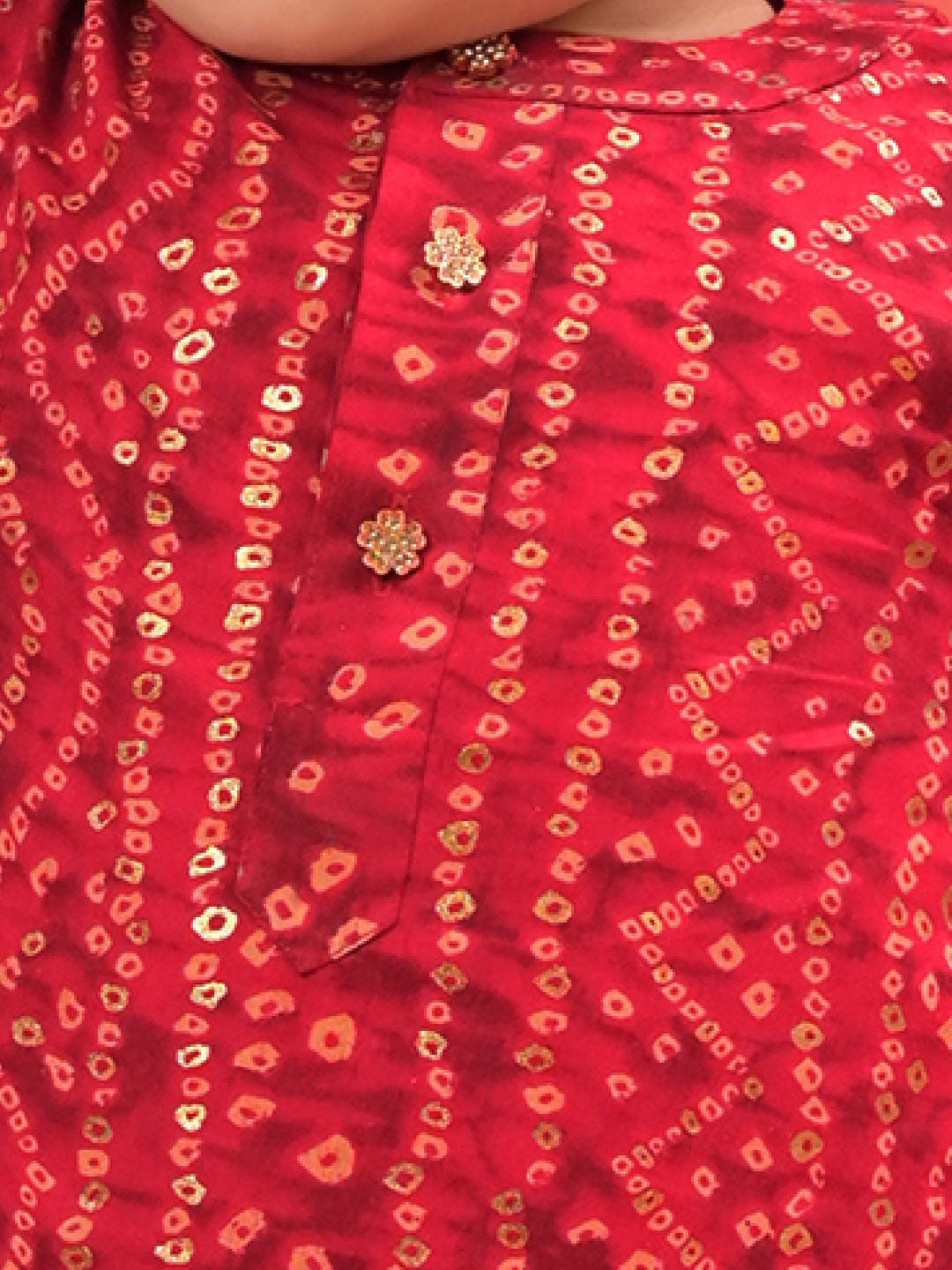 VASTRAMAY Boys Bandhani Printed Band Collar Straight Kurta With Patiala