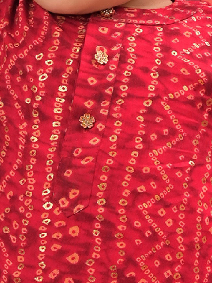 VASTRAMAY Boys Bandhani Printed Band Collar Straight Kurta With Patiala