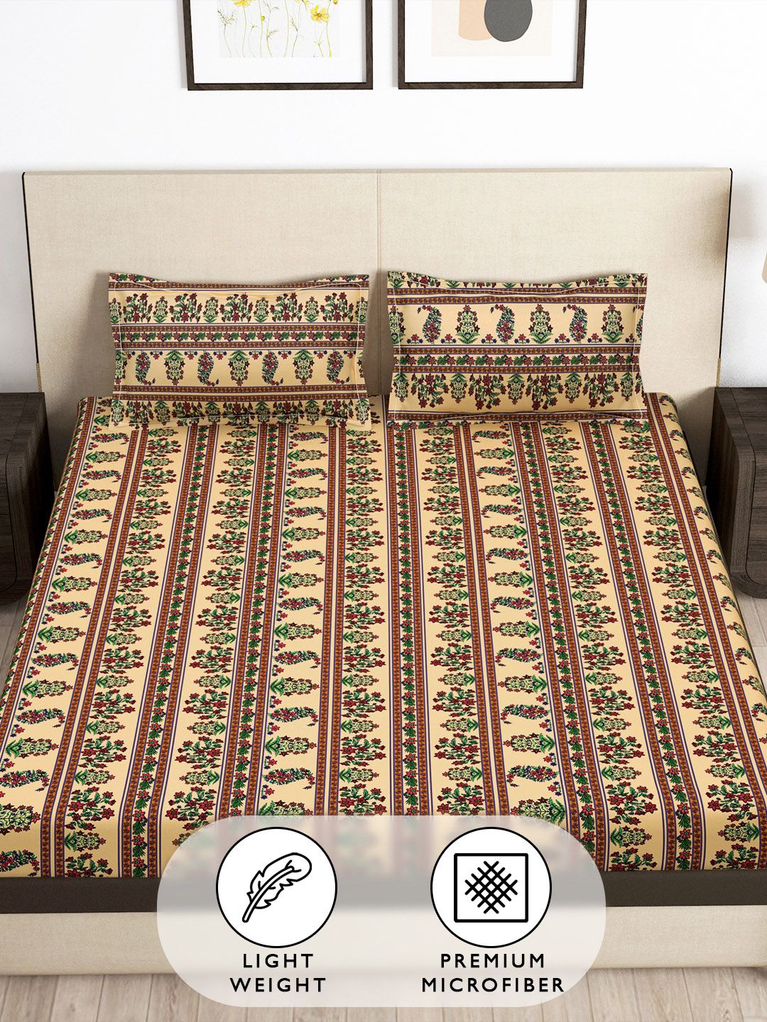 Story@home Arena Beige & Green Printed 180 TC Fitted King Bedsheet & 2 Pillow Covers
