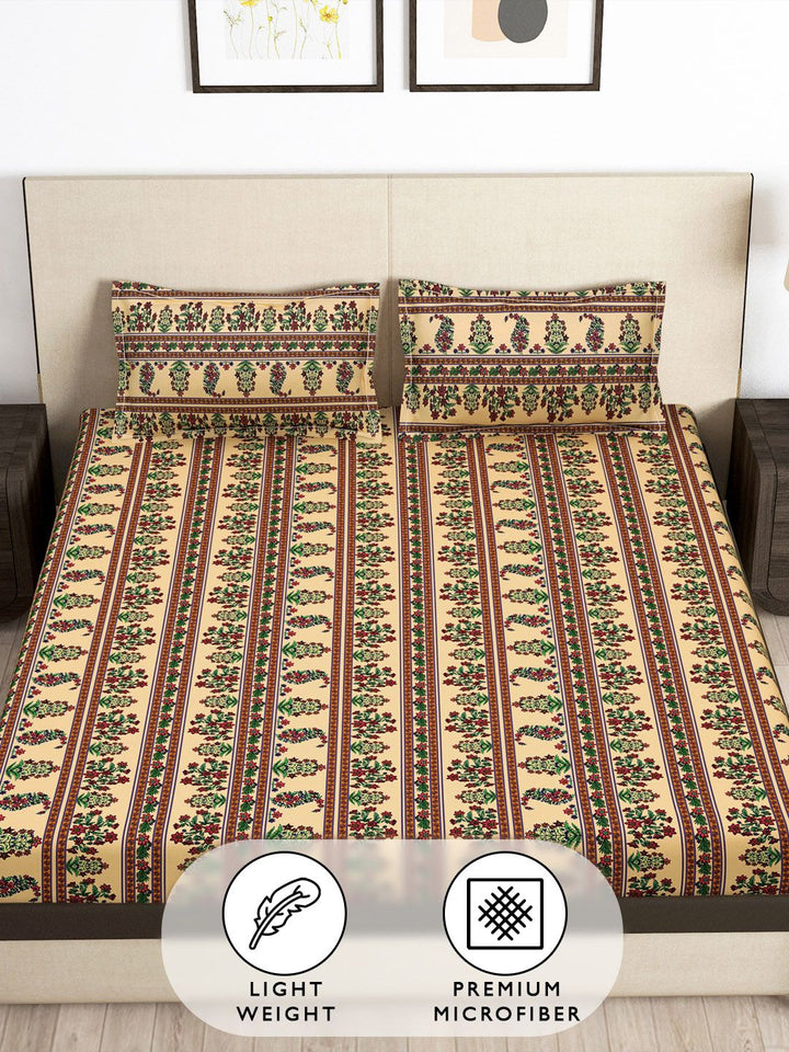 Story@home Arena Beige & Green Printed 180 TC Fitted King Bedsheet & 2 Pillow Covers