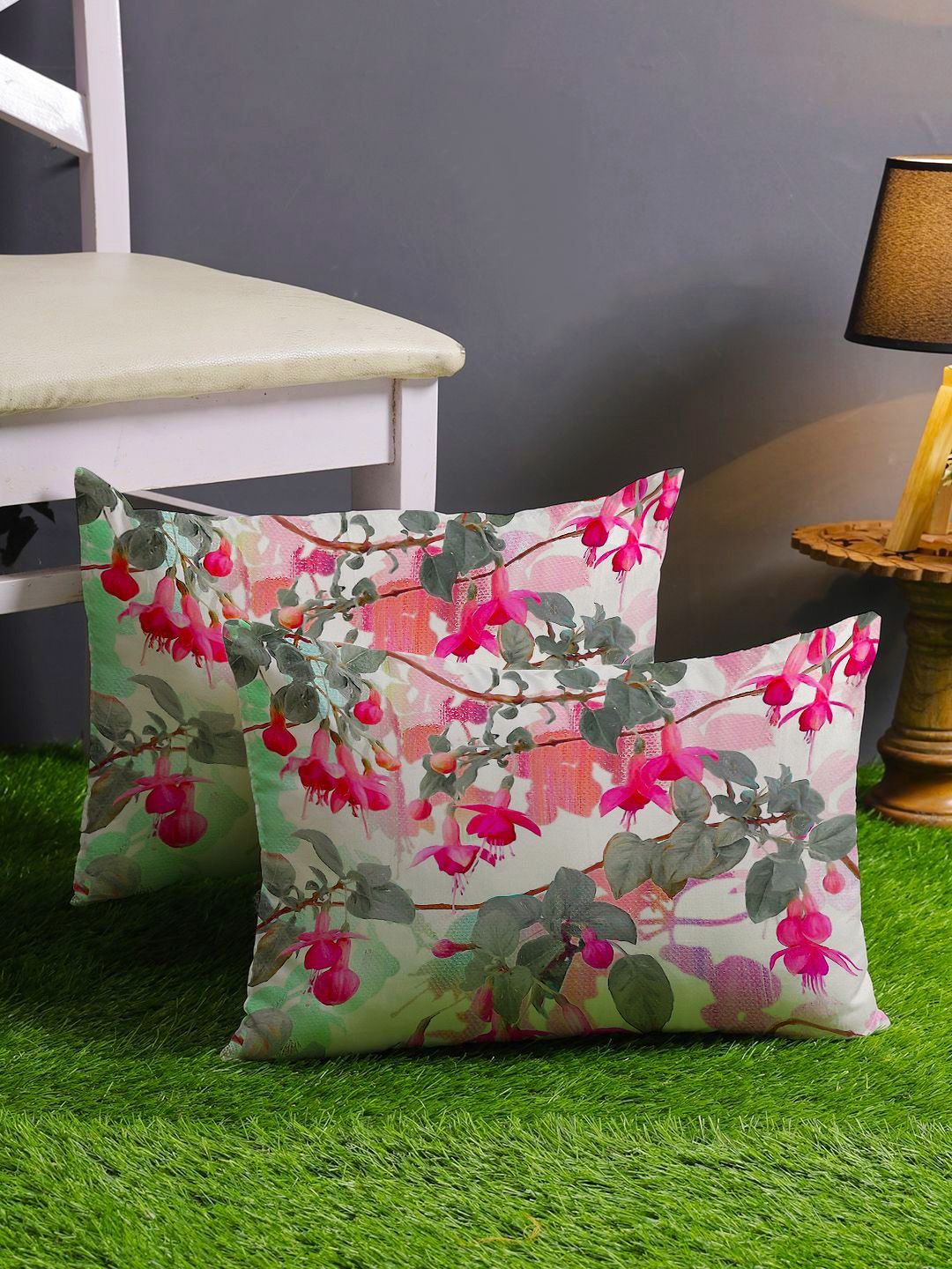 STITCHNEST Green & Pink Set of 2 Floral Rectangle Cushion Covers