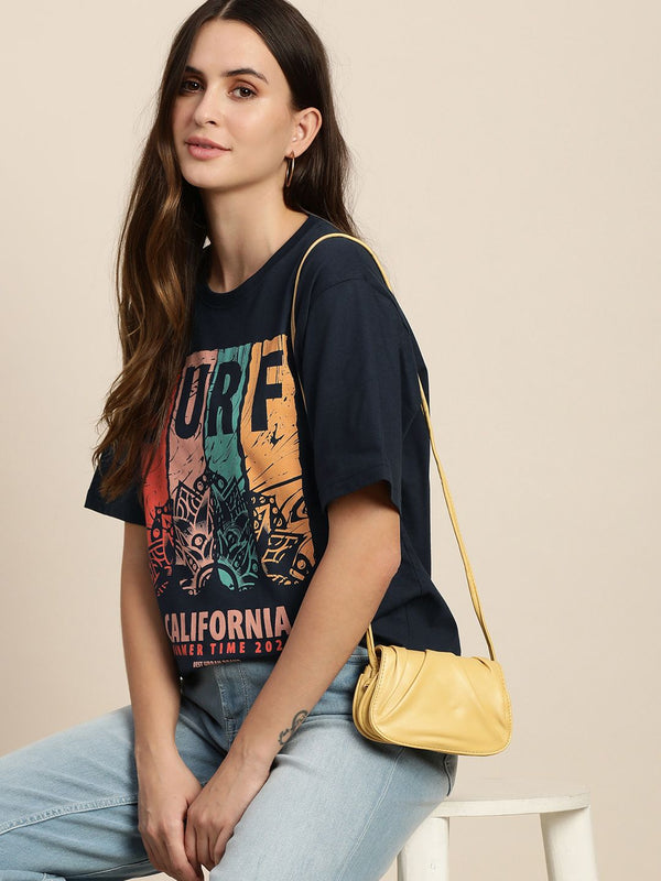 DILLINGER Women Navy Blue Varsity Printed Pure Cotton T-shirt