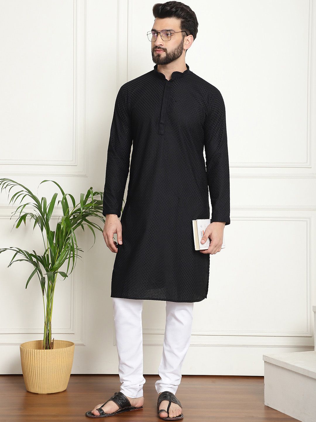 SOJANYA Checked Mandarin Collar Long Sleeves Pure Cotton Kurta with Churidar