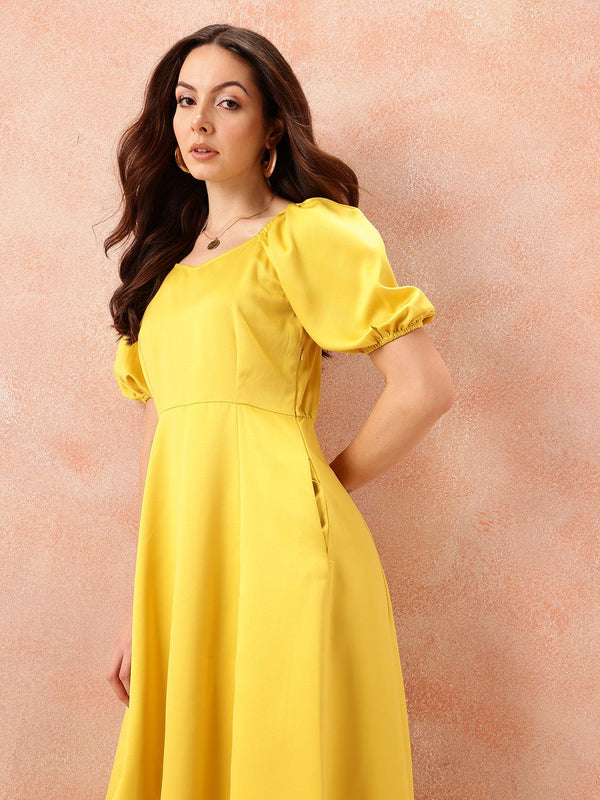 all about you Sweetheart Neck Puff Sleeves Satin Fit & Flare Midi Dress
