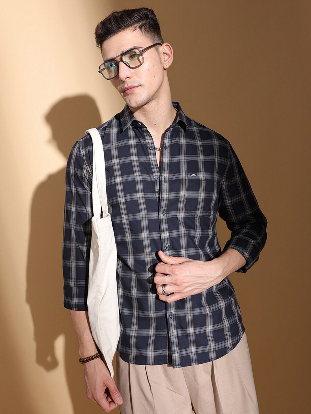 The Indian Garage Co Slim Fit Tartan Checked Twill Pure Cotton Casual Shirt