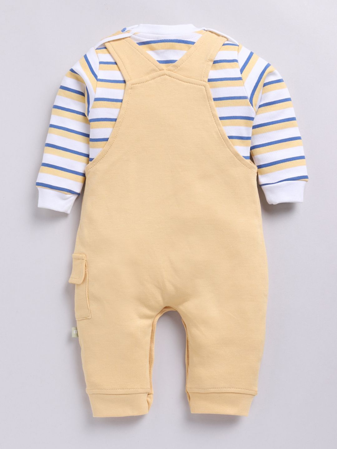 Moms Love Infants Boys Pure Cotton Applique Detail Dungaree With Striped T-Shirt