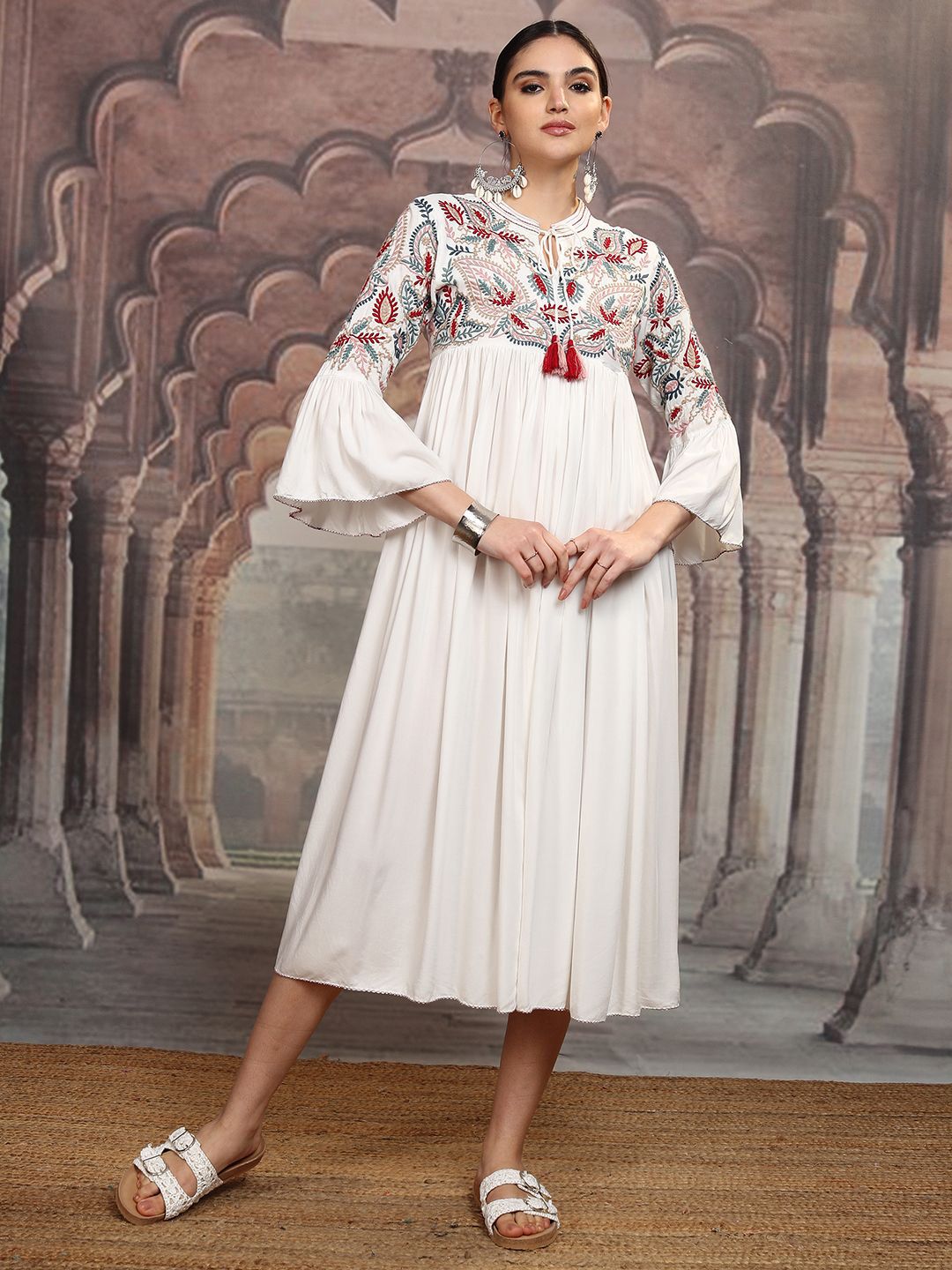 Vishudh White Floral Embroidered Tie-Up Neck Flared Sleeves Velvet A-Line Midi Dress