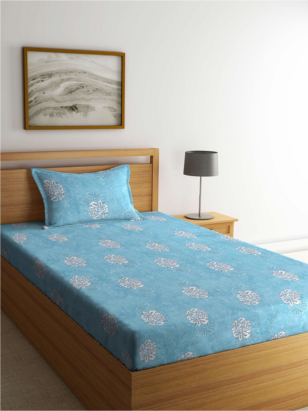 KLOTTHE Turquoise Blue Floral-Printed 400TC Pure-Cotton Single Bedsheet With Pillow Cover
