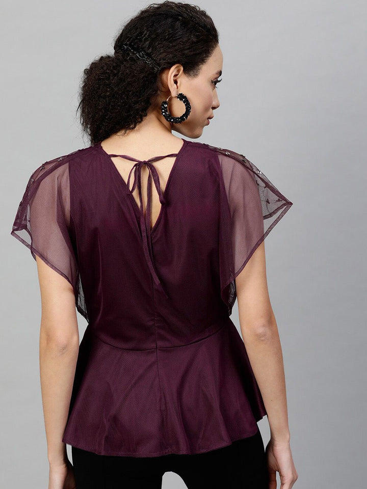 STREET 9 Burgundy Embellished Net Peplum Top