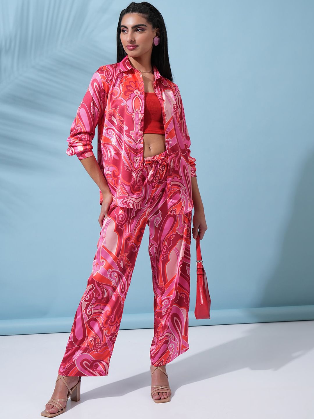 Tokyo Talkies Pink Abstract Printed Shirt With Trousers Co-Ords