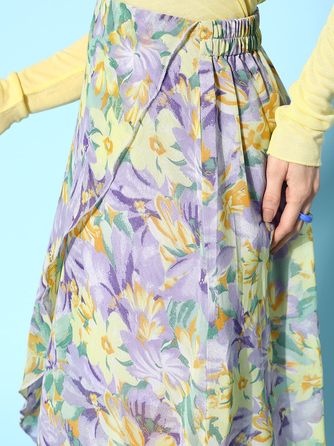 Berrylush Women Purple & Yellow Georgette Floral Print Tulip Hem Skirt