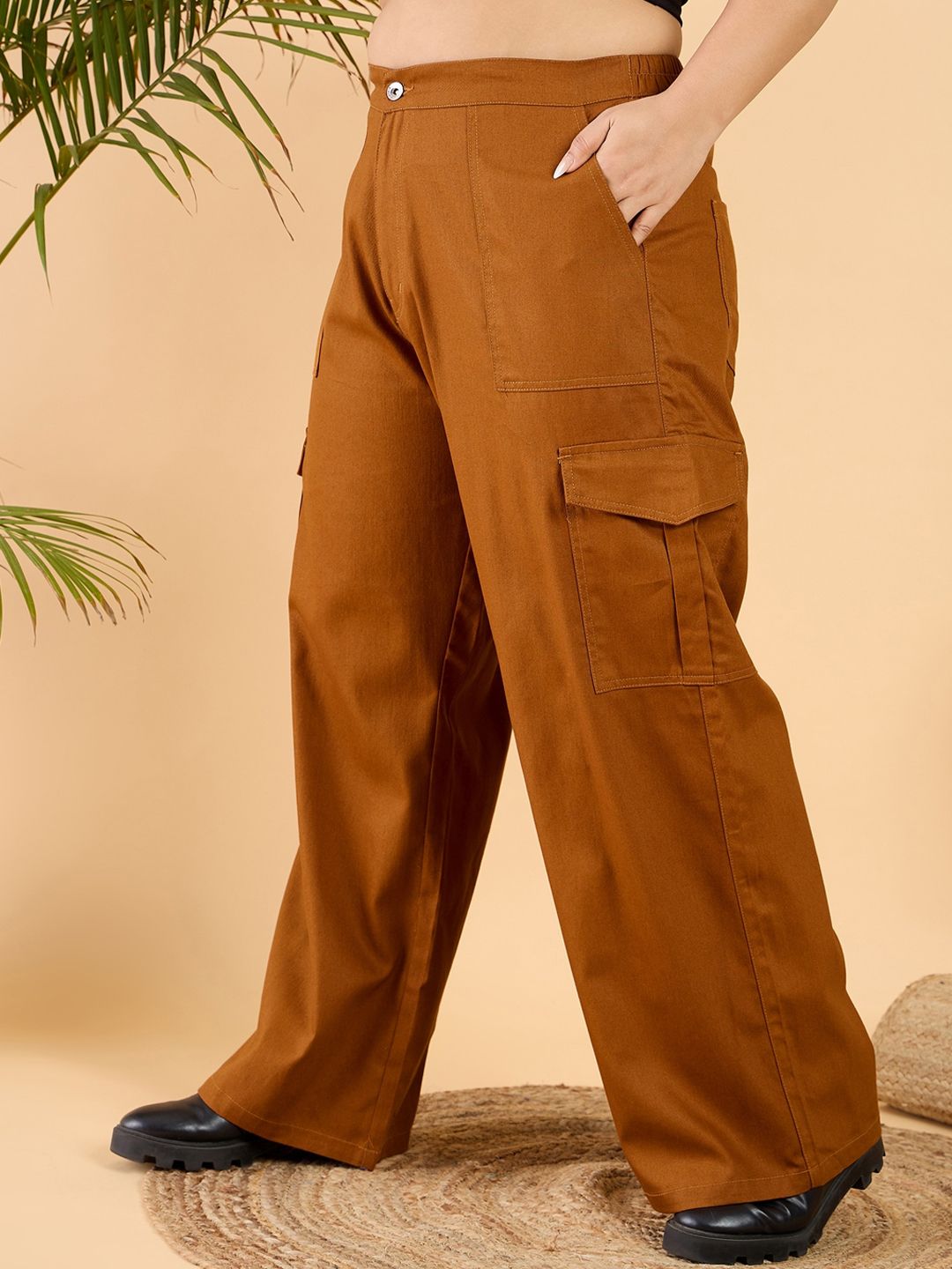 CURVY STREET Women Plus Size Loose Fit Pure Cotton Wide Leg Cargo Trouser
