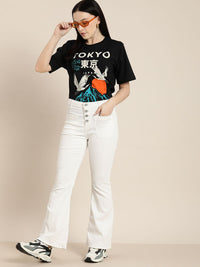 Difference of Opinion Women Black Printed Oversized Pure Cotton T-shirt