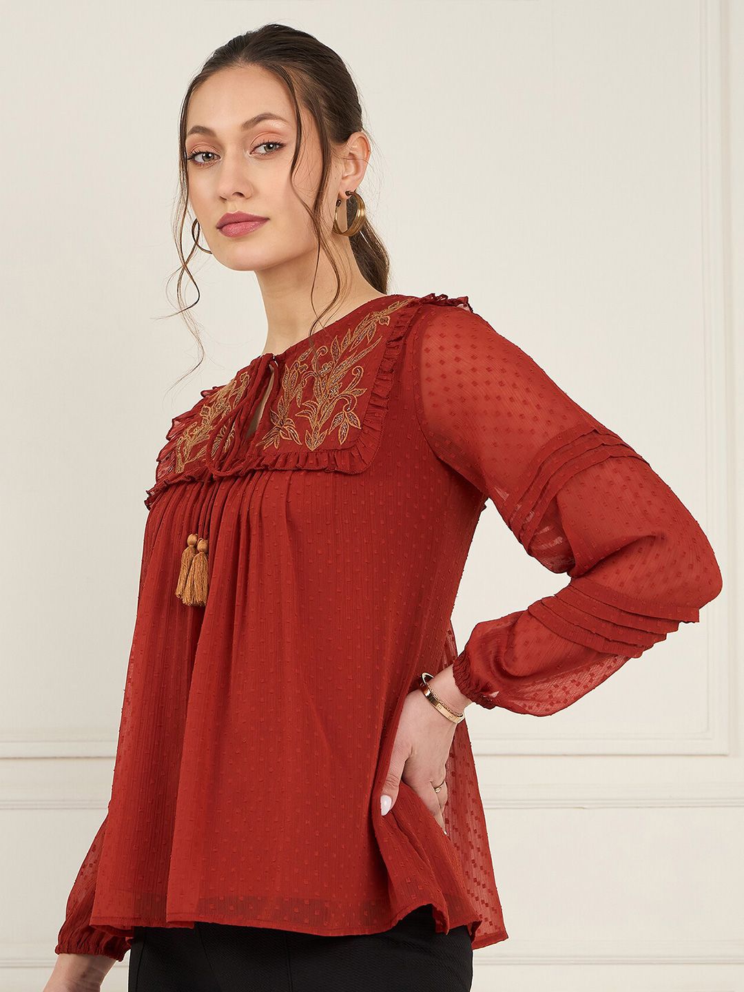 Antheaa Tie-Up Neck Puff Sleeve Chiffon Top
