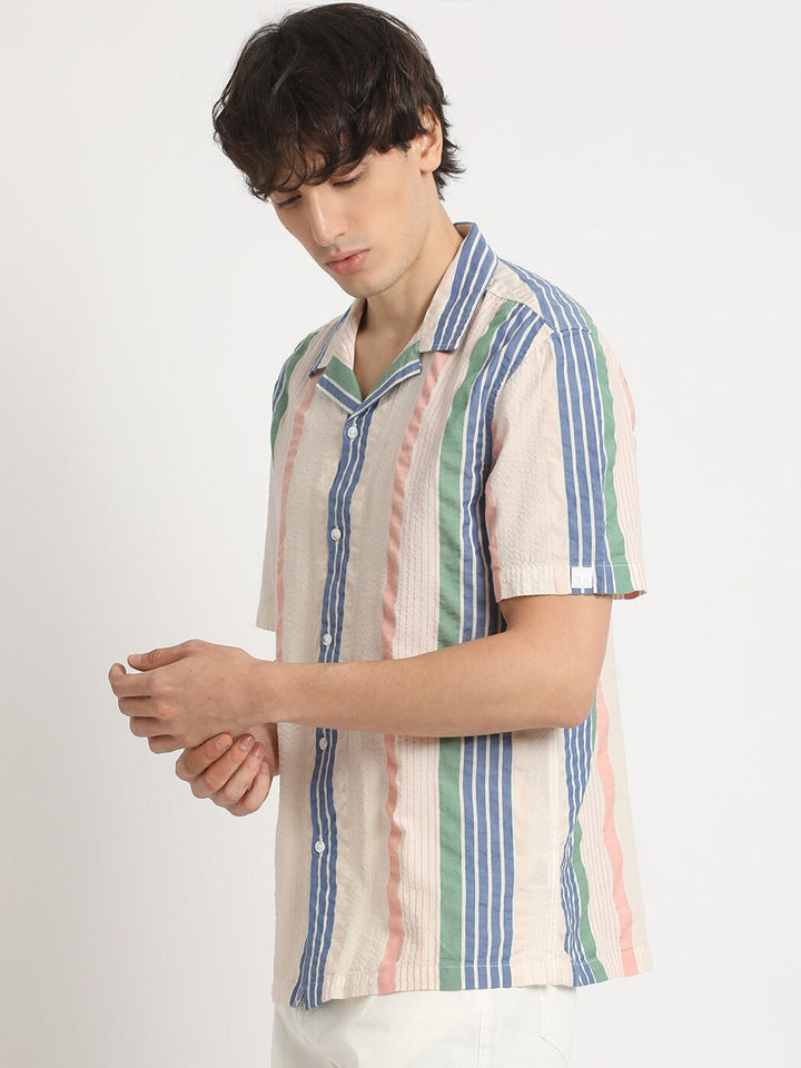 THE BEAR HOUSE Vertical Striped Cuban Collar Pure Cotton Casual Shirt