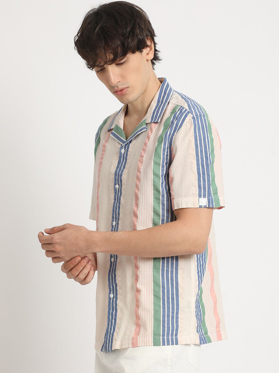 THE BEAR HOUSE Vertical Striped Cuban Collar Pure Cotton Casual Shirt