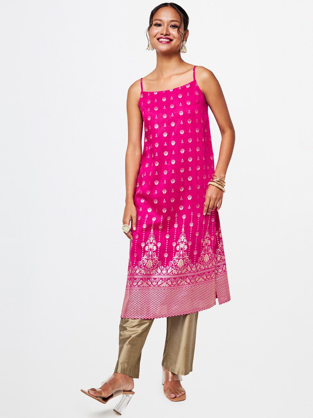Global Desi Floral Printed Thread Work Kurta