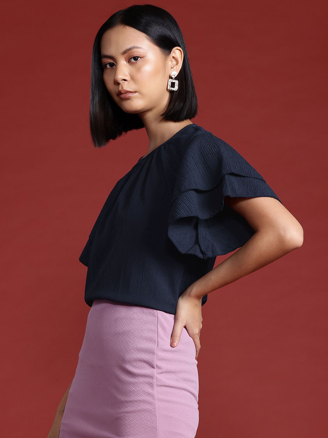 all about you Flutter Sleeve Ruffles Indigo Top