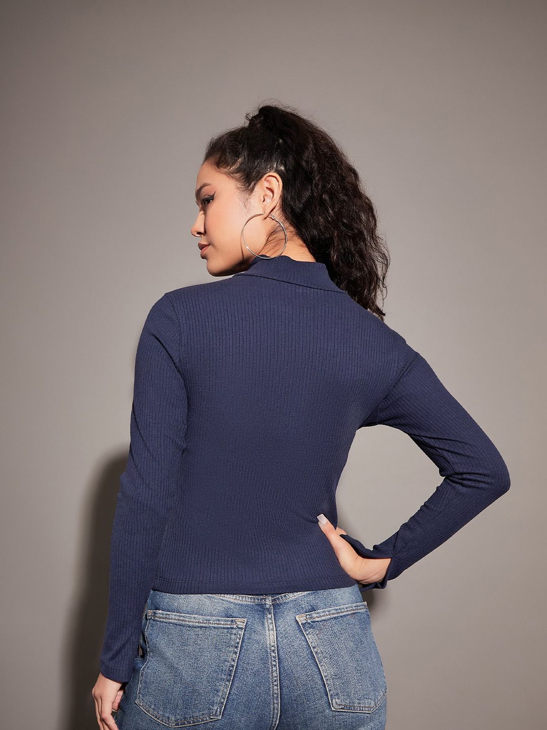 SASSAFRAS Navy Blue High Neck Half Zipper Fitted Top