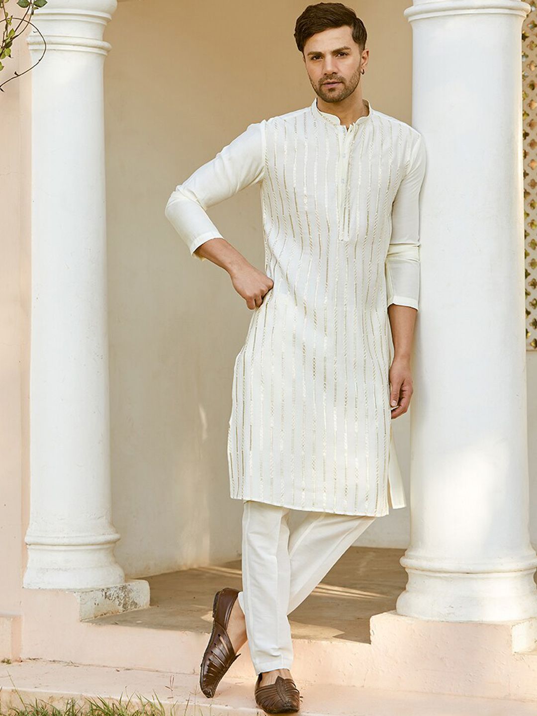 See Designs Embroidered Regular Sequinned Chanderi Silk Kurta with Pyjamas