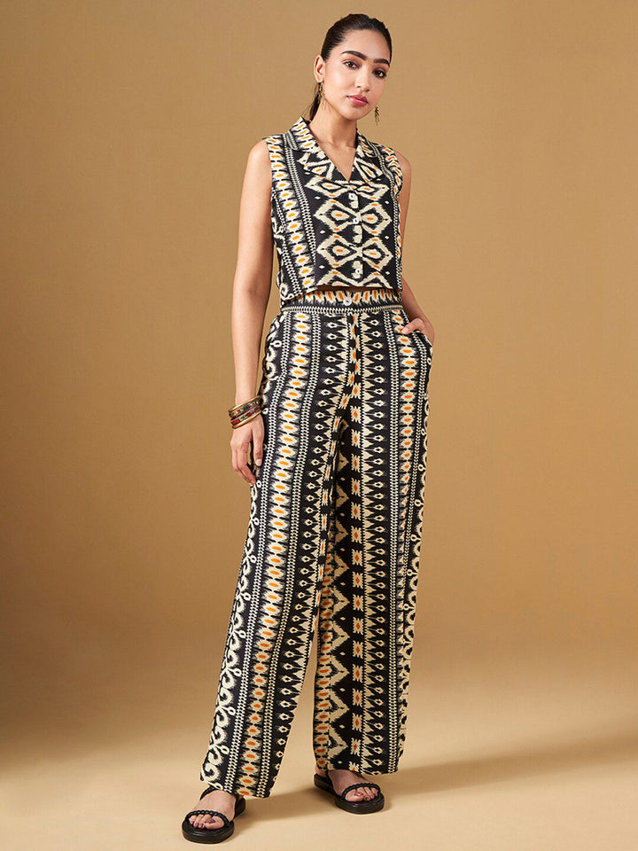 Global Desi Printed Lapel Collar Top & Palazzo