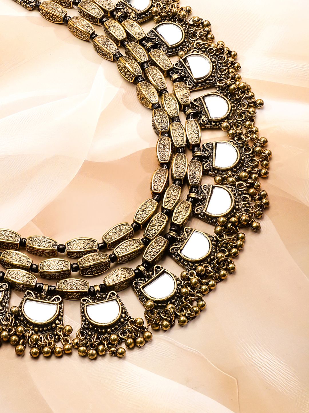 Rubans Dual Tone in Silver and Gold, Mirror Detailing with Gold Beads Multilayer Necklace