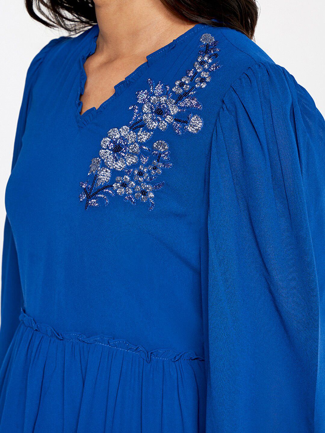 AND V-Neck Embellished Tiered Fit & Flare Dress