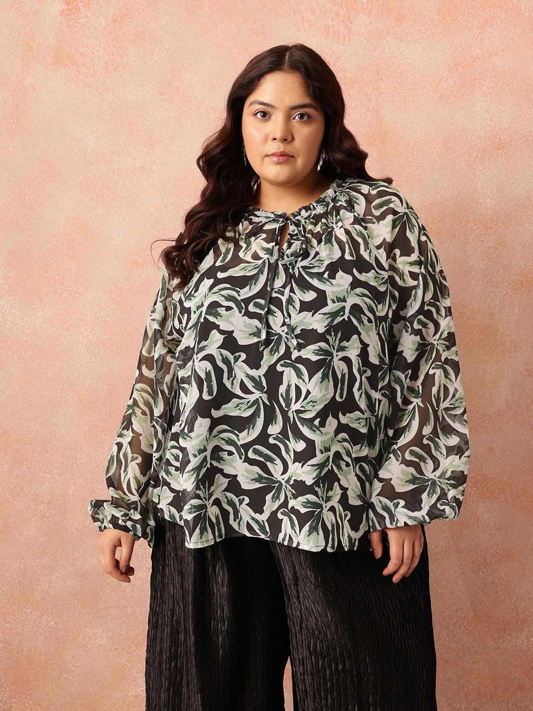 all about you Plus Size Floral Print Tie-Up Neck Raglan Sleeves Semi-Sheer Georgette Top