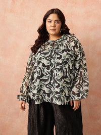 all about you Plus Size Floral Print Tie-Up Neck Raglan Sleeves Semi-Sheer Georgette Top