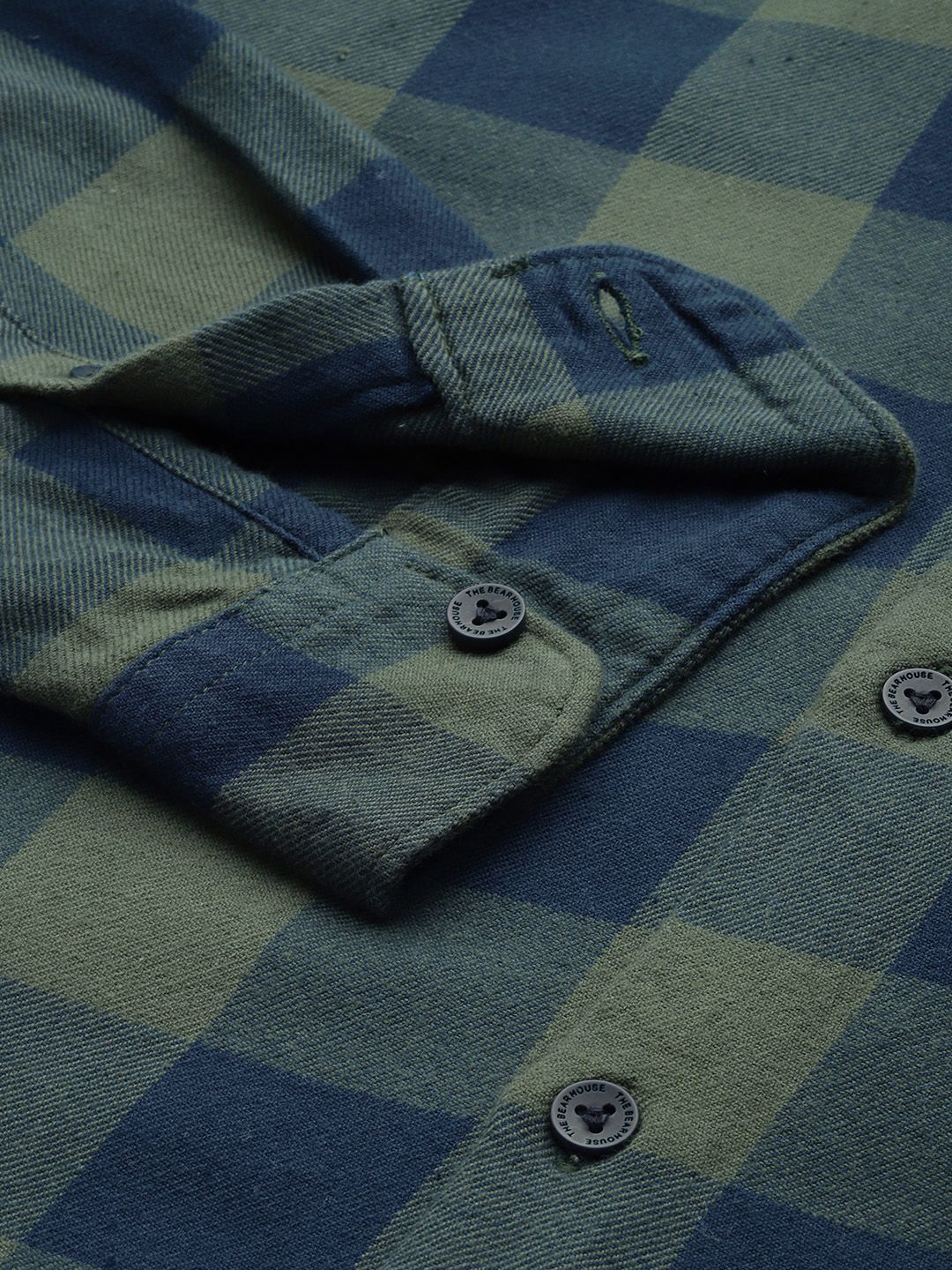 THE BEAR HOUSE Men Olive Green & Navy Blue Pure Cotton Slim Fit Checked Flannel Shirt