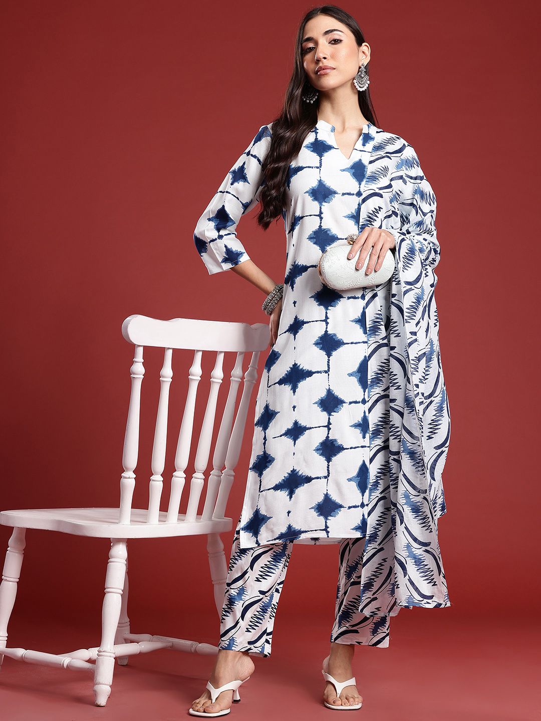 Anouk Tie & Dye Band Collar Straight Kurta with Trousers & Dupatta