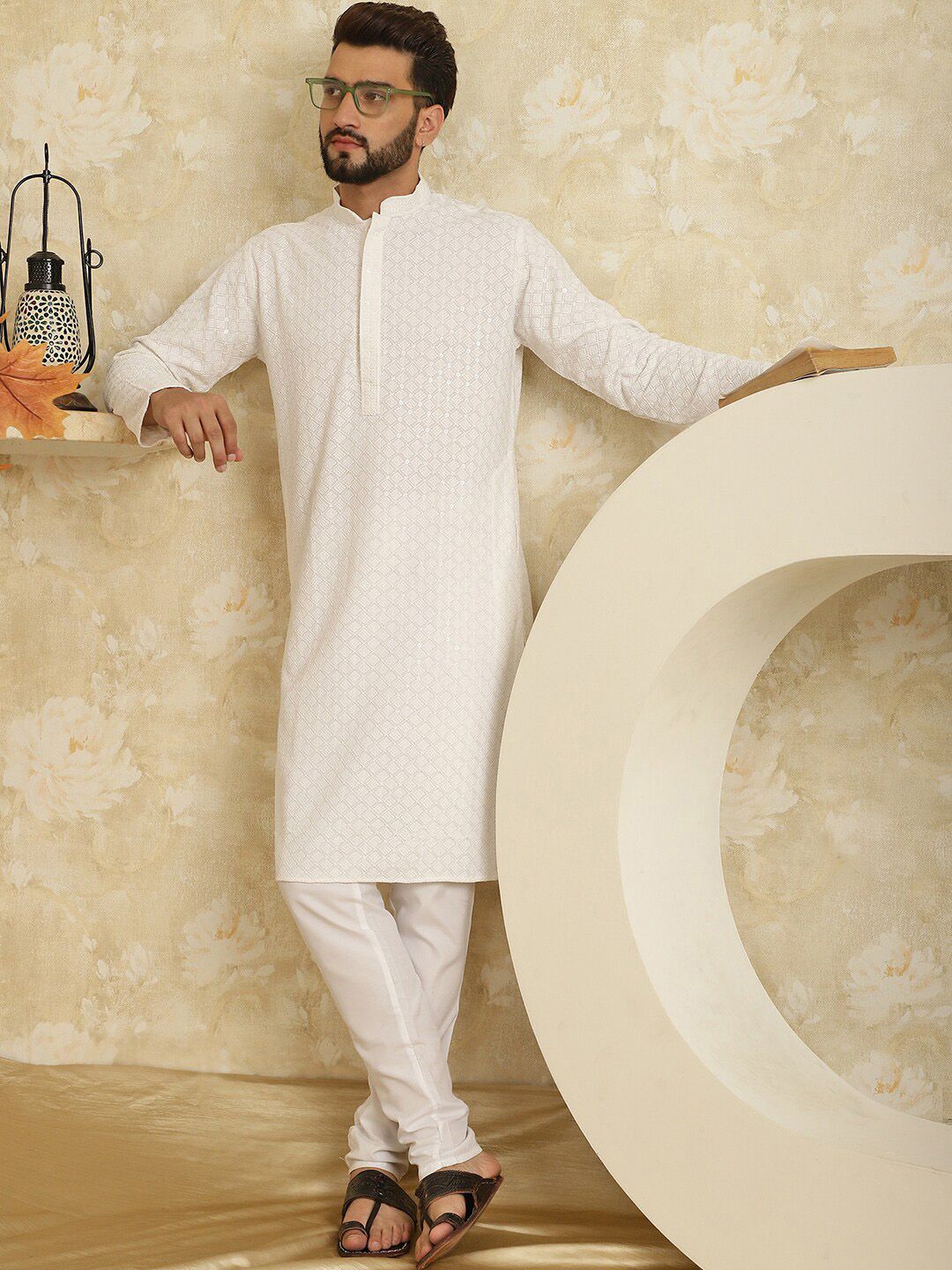 SOJANYA Ethnic Motifs Embroidered Sequinned Pure Cotton Kurta with Churidar
