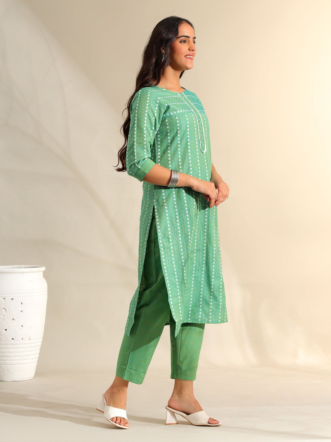 Motif Etnik Wanita Mamicha Bercetak Benang Biasa Bekerja Kurta Kapas Tulen dengan Seluar