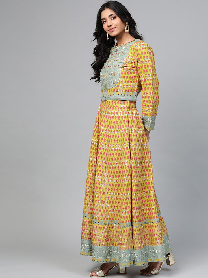 W Women Mustard Yellow & Red Sustainable Printed Top with Skirt