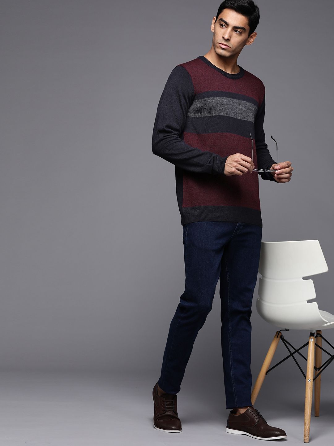 Raymond Men Maroon & Navy Blue Striped Woolen Pullover