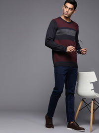 Raymond Men Maroon & Navy Blue Striped Woolen Pullover